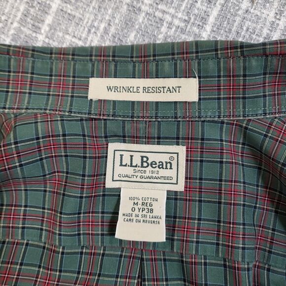 L.L. BEAN Wrinkle Resistant Shirt Lt-Mid Weight Cotton Plaid Green Red Men's M - Picture 5 of 13